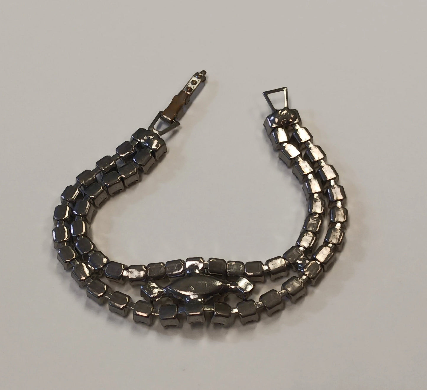 Double Strand Crystal Rhinestone Bracelet With Large Diamond Shaped Center - Vintage 1950s - Great Bridal Jewelry