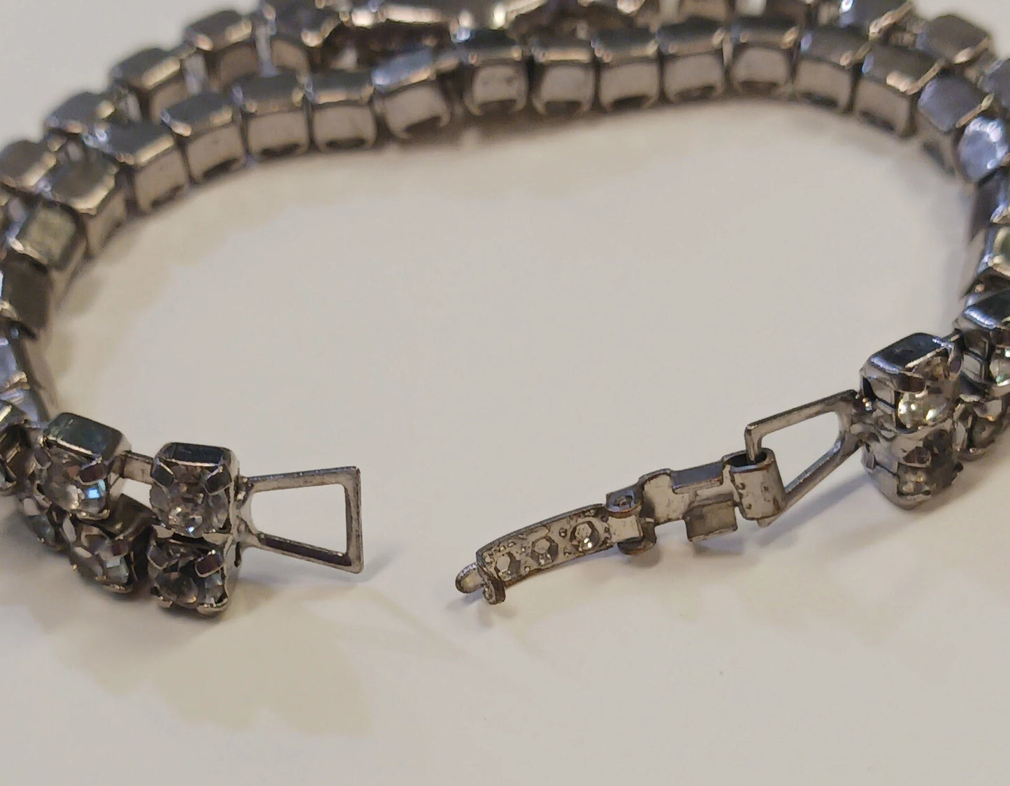 Double Strand Crystal Rhinestone Bracelet With Large Diamond Shaped Center - Vintage 1950s - Great Bridal Jewelry