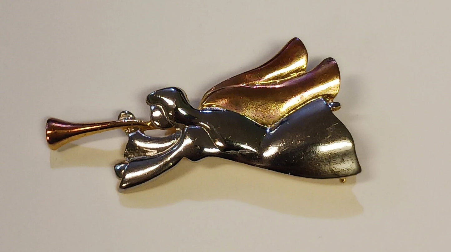 Liz Claiborne Two-Toned Angel Playing a Horn Brooch - Vintage 1980s