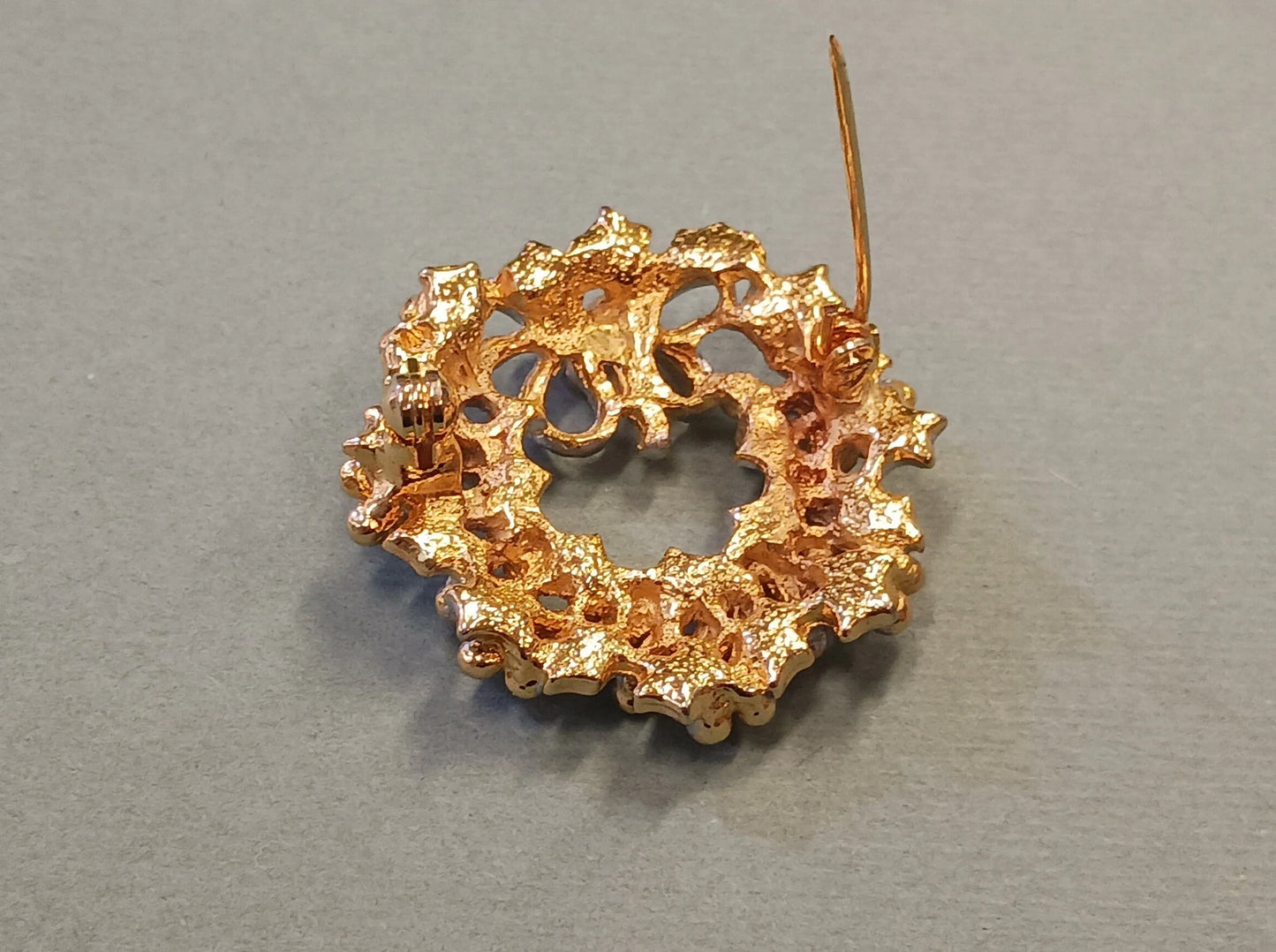 Two-Tone Holly Wreath Brooch - Silver Tone Base with Gold Tone Berries