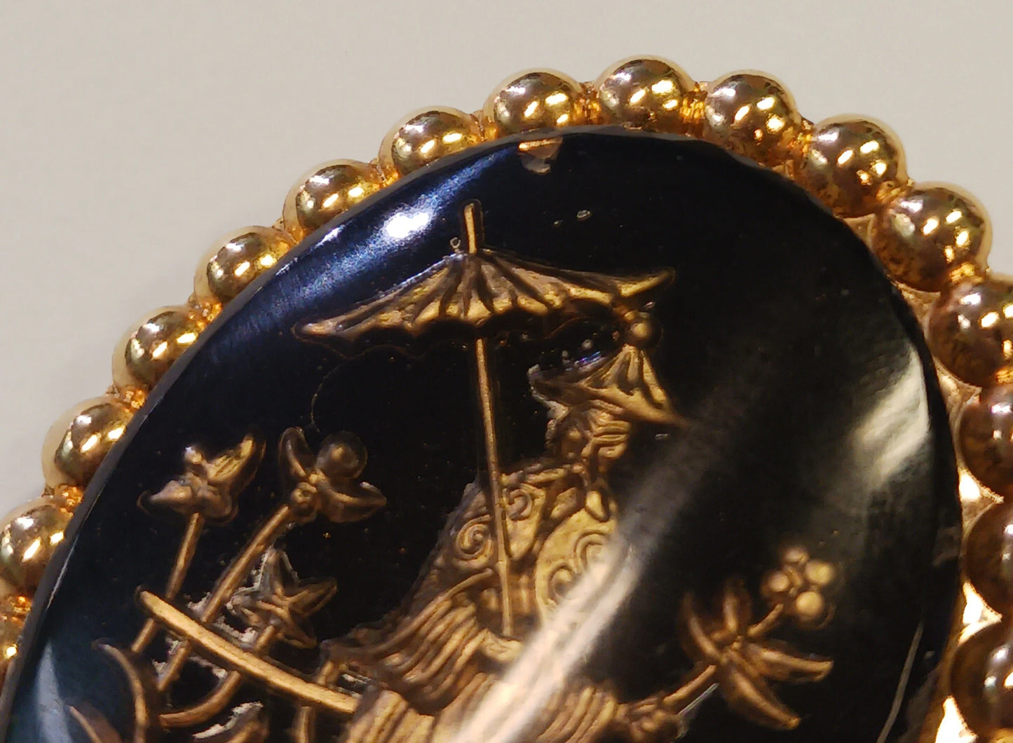 Black and Gold Tone Glass Brooch - Eastern Style Art Pin