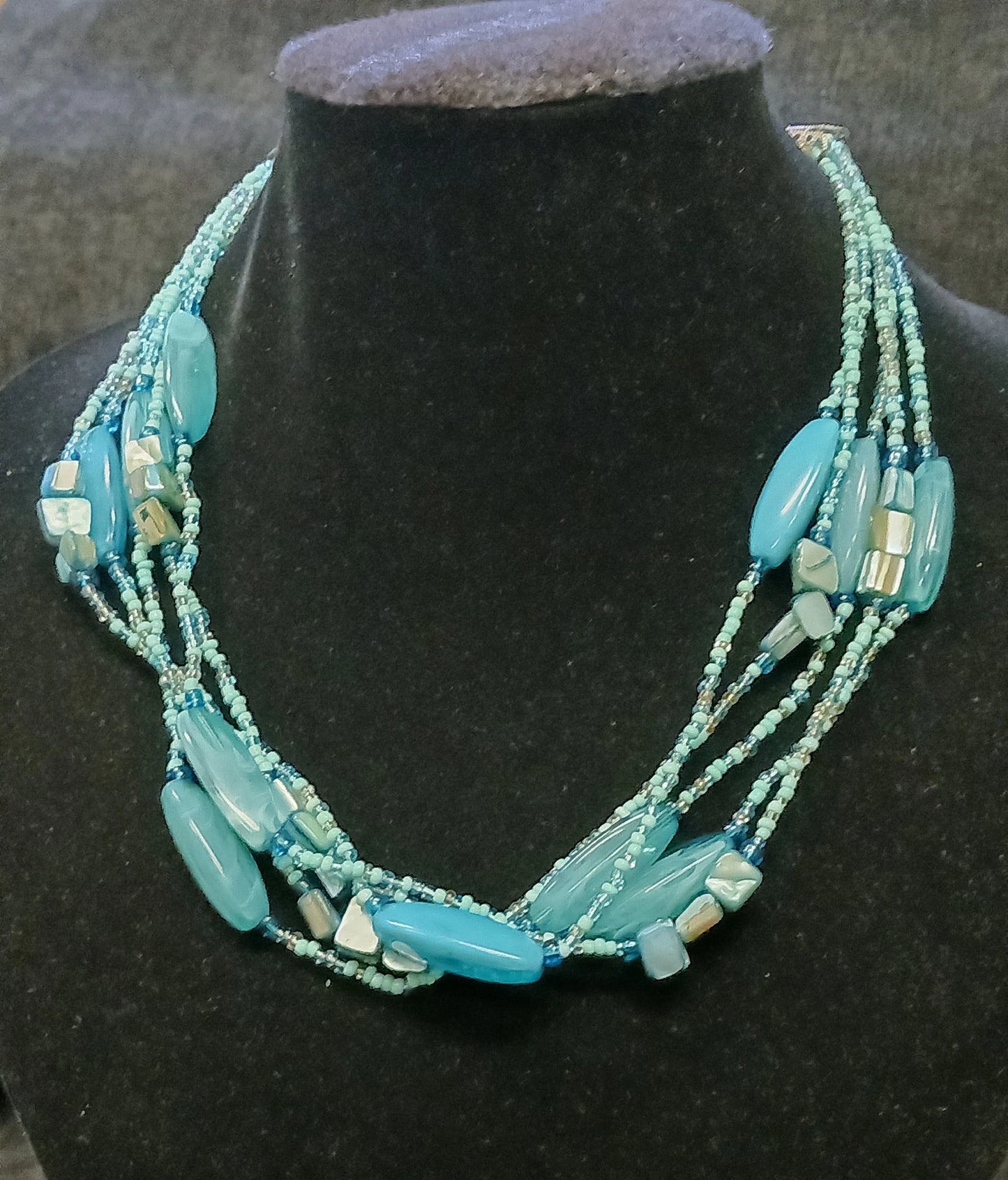 Five Strand Aqua Blue Glass Bead and Shell Necklace