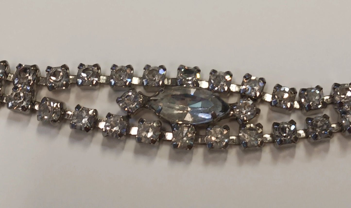 Double Strand Crystal Rhinestone Bracelet With Large Diamond Shaped Center - Vintage 1950s - Great Bridal Jewelry