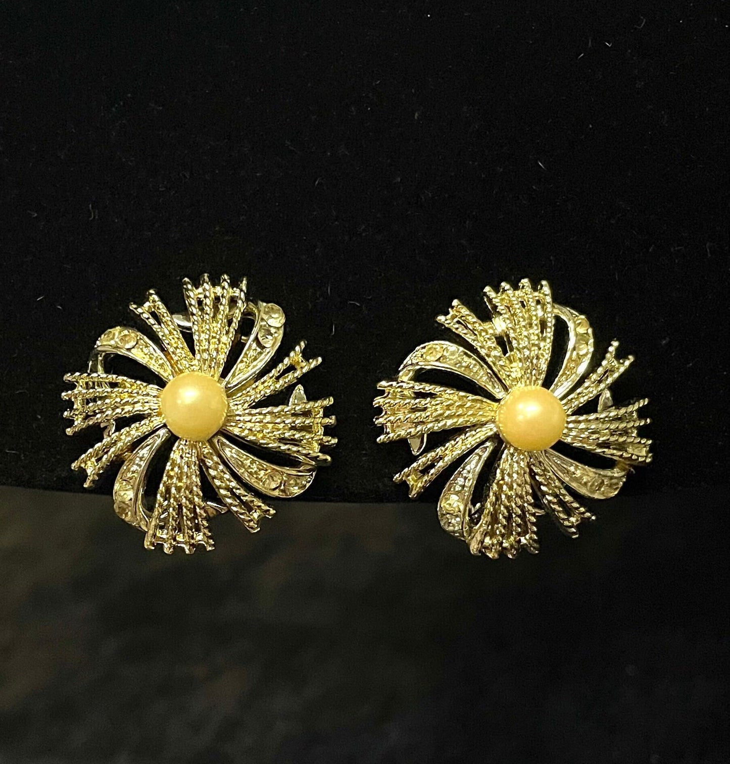 Coro Clip-On Earrings Pearl Center and Rhinestone Dual Tone