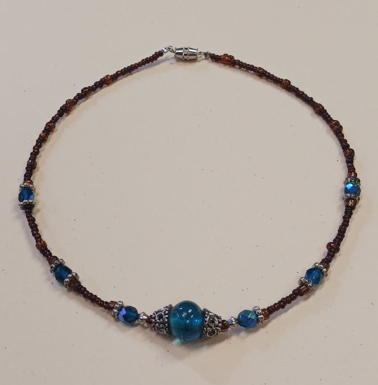 Beaded Necklace With Honey Brown and Blue Iridescent Glass - Vintage Glass Jewelry