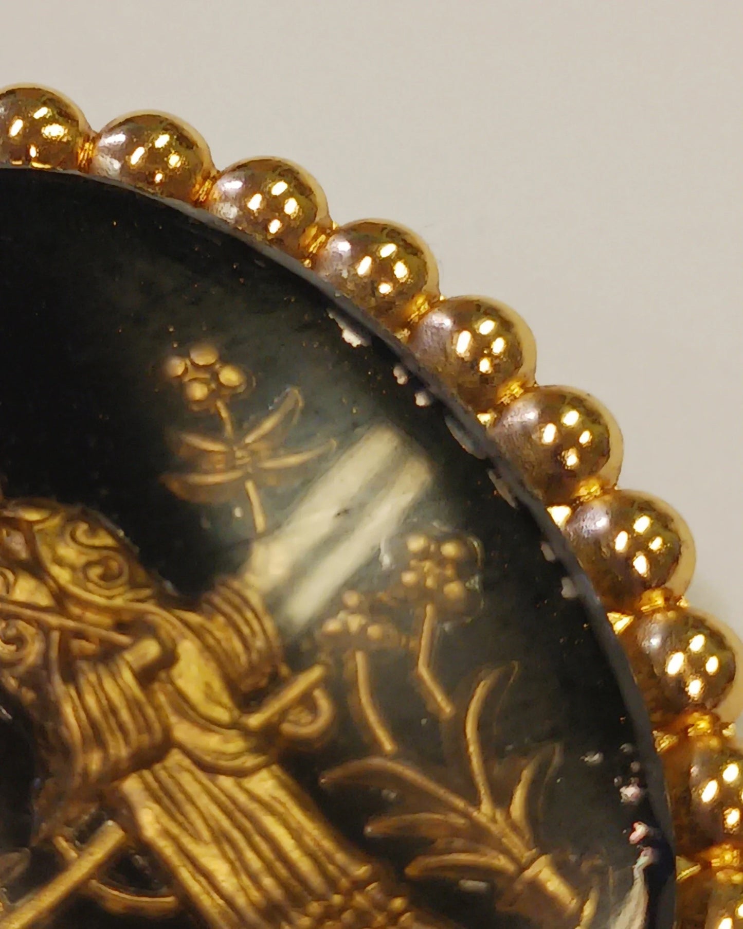 Black and Gold Tone Glass Brooch - Eastern Style Art Pin