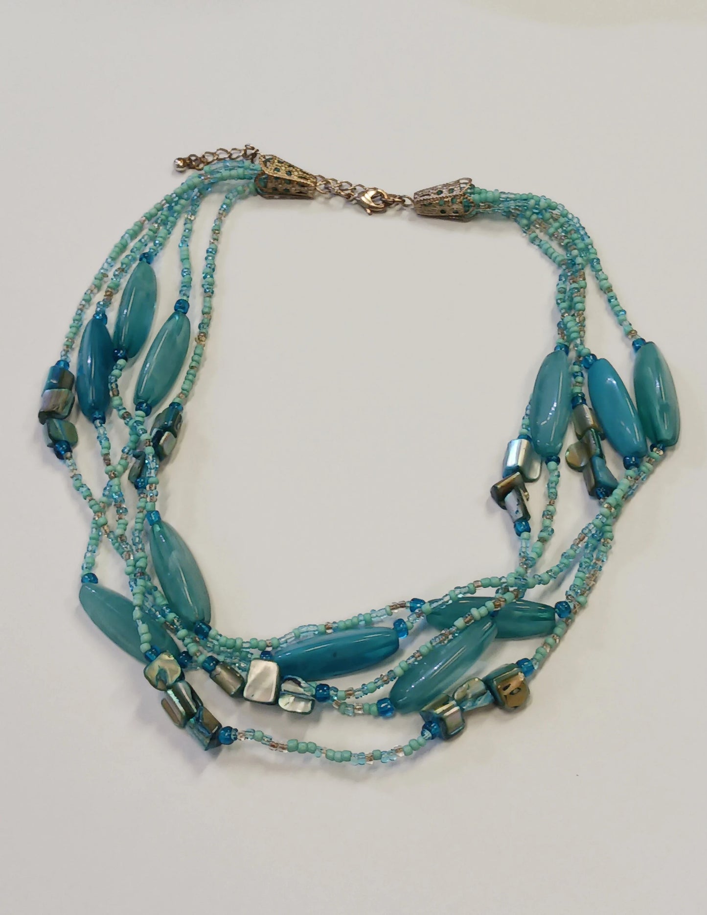 Five Strand Aqua Blue Glass Bead and Shell Necklace