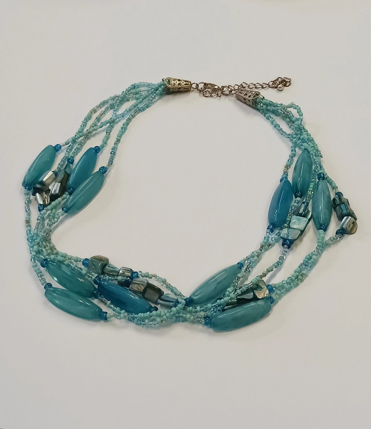 Five Strand Aqua Blue Glass Bead and Shell Necklace