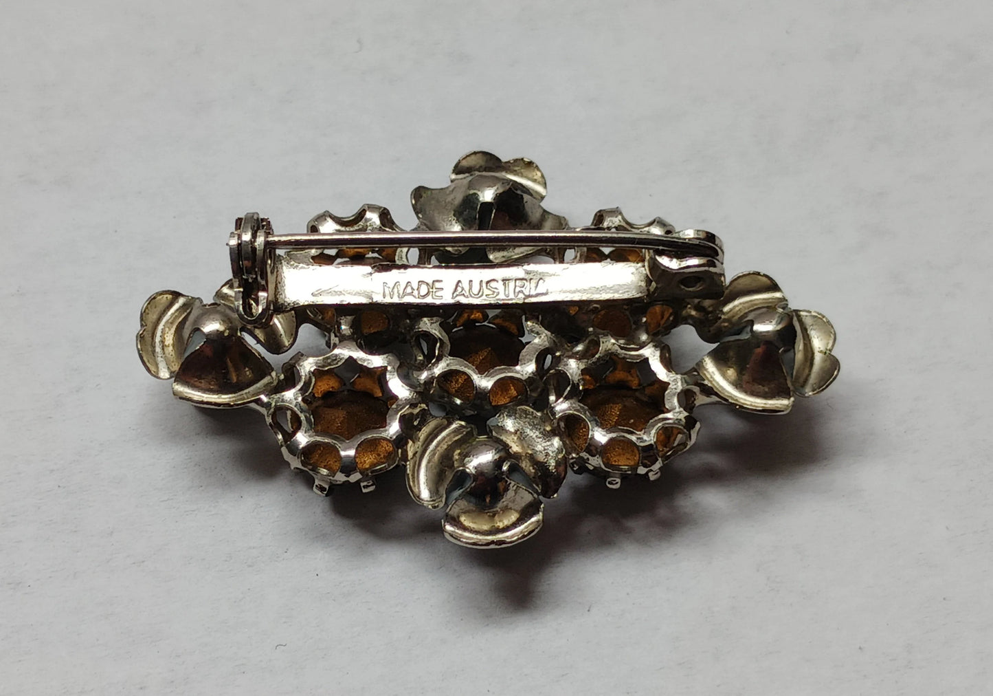 Floral Metal and Austrian Crystal Rhinestone Brooch - Made in Austria