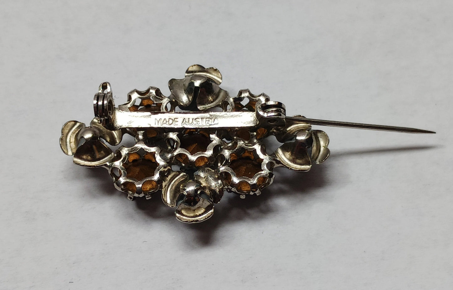 Floral Metal and Austrian Crystal Rhinestone Brooch - Made in Austria