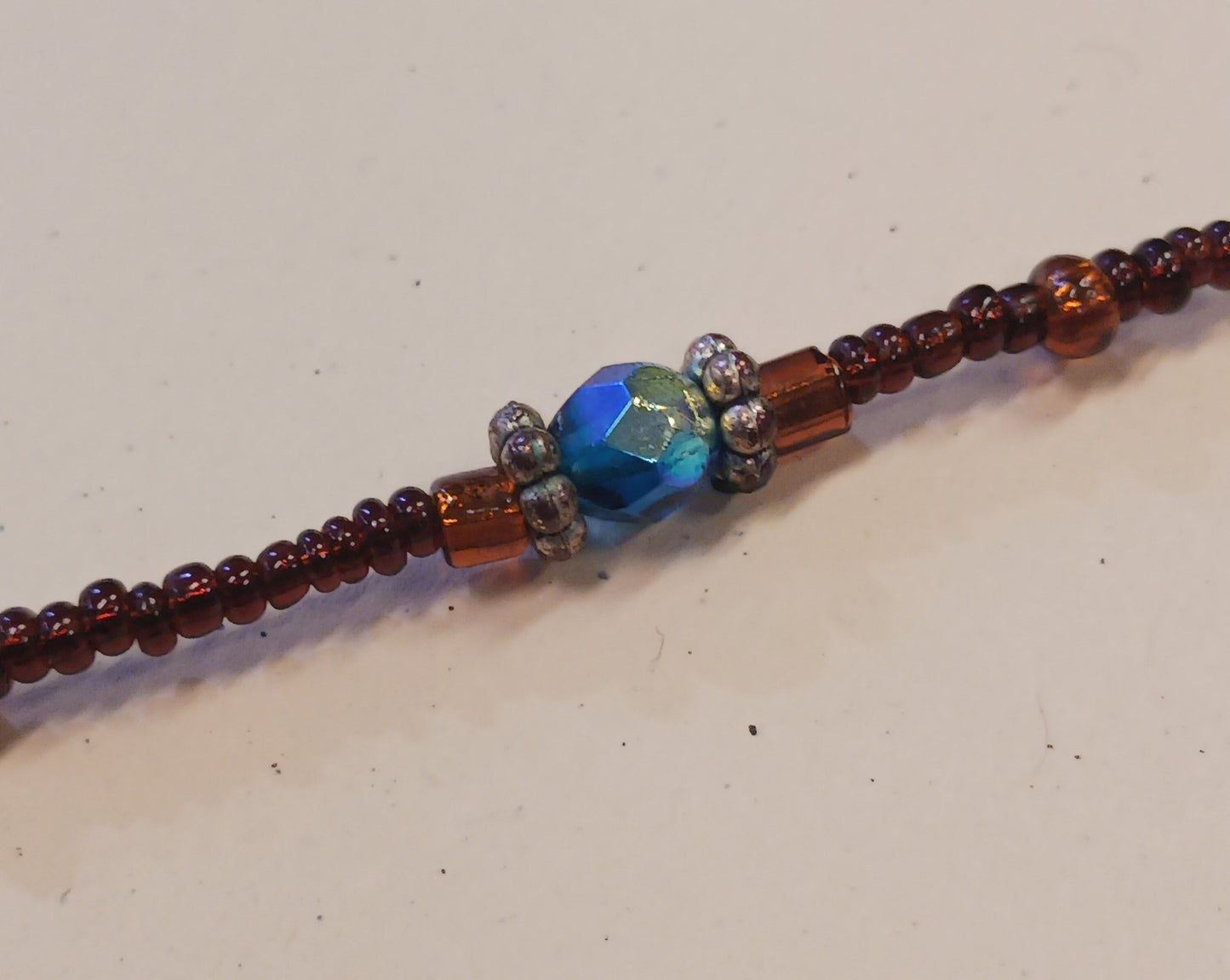 Beaded Necklace With Honey Brown and Blue Iridescent Glass - Vintage Glass Jewelry