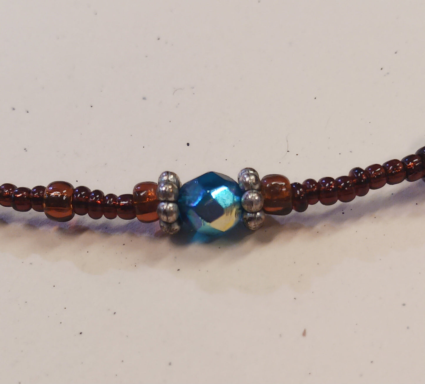 Beaded Necklace With Honey Brown and Blue Iridescent Glass - Vintage Glass Jewelry