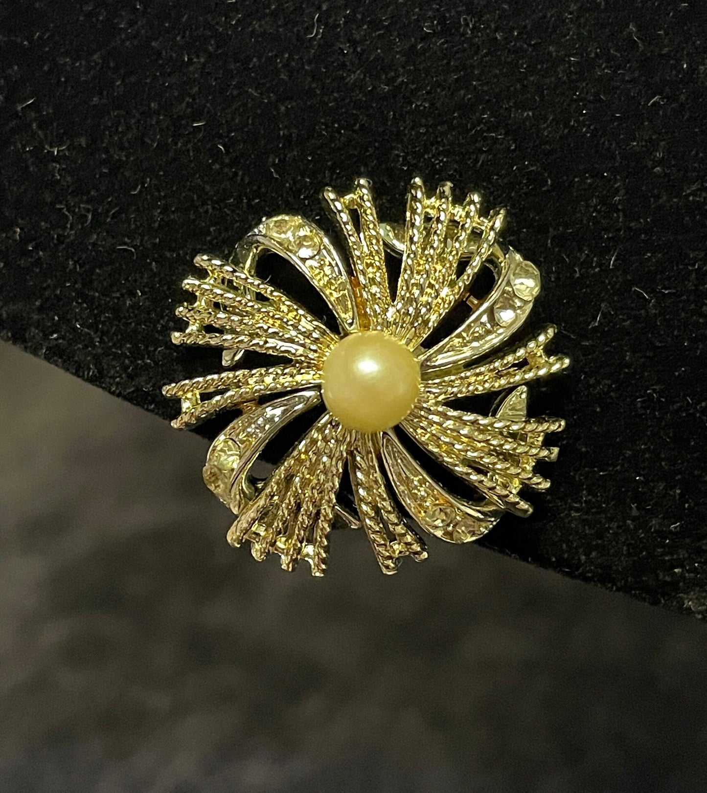 Coro Clip-On Earrings Pearl Center and Rhinestone Dual Tone