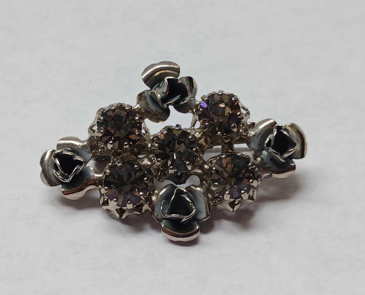 Floral Metal and Austrian Crystal Rhinestone Brooch - Made in Austria
