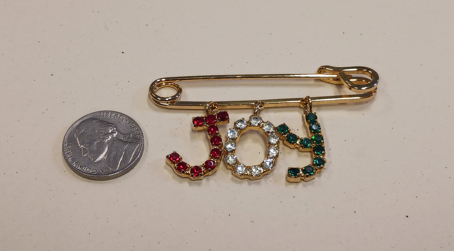 Gold Tone and Rhinestone "JOY" Brooch