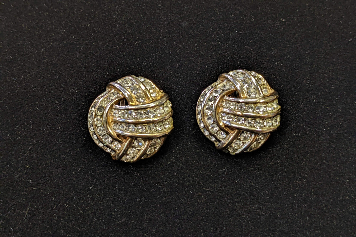 Wedding Ready! Dazzling Gold Circle Tied Knot Clip on Earrings With Crystals - Vintage