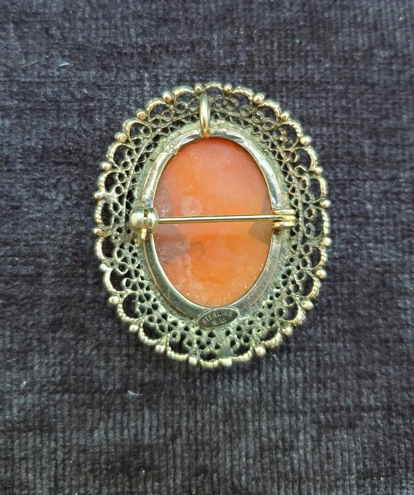 K.L. Filigree Cameo Pin/Brooch or Necklace Pendant - 14K Gold over Sterling With Shell Cameo