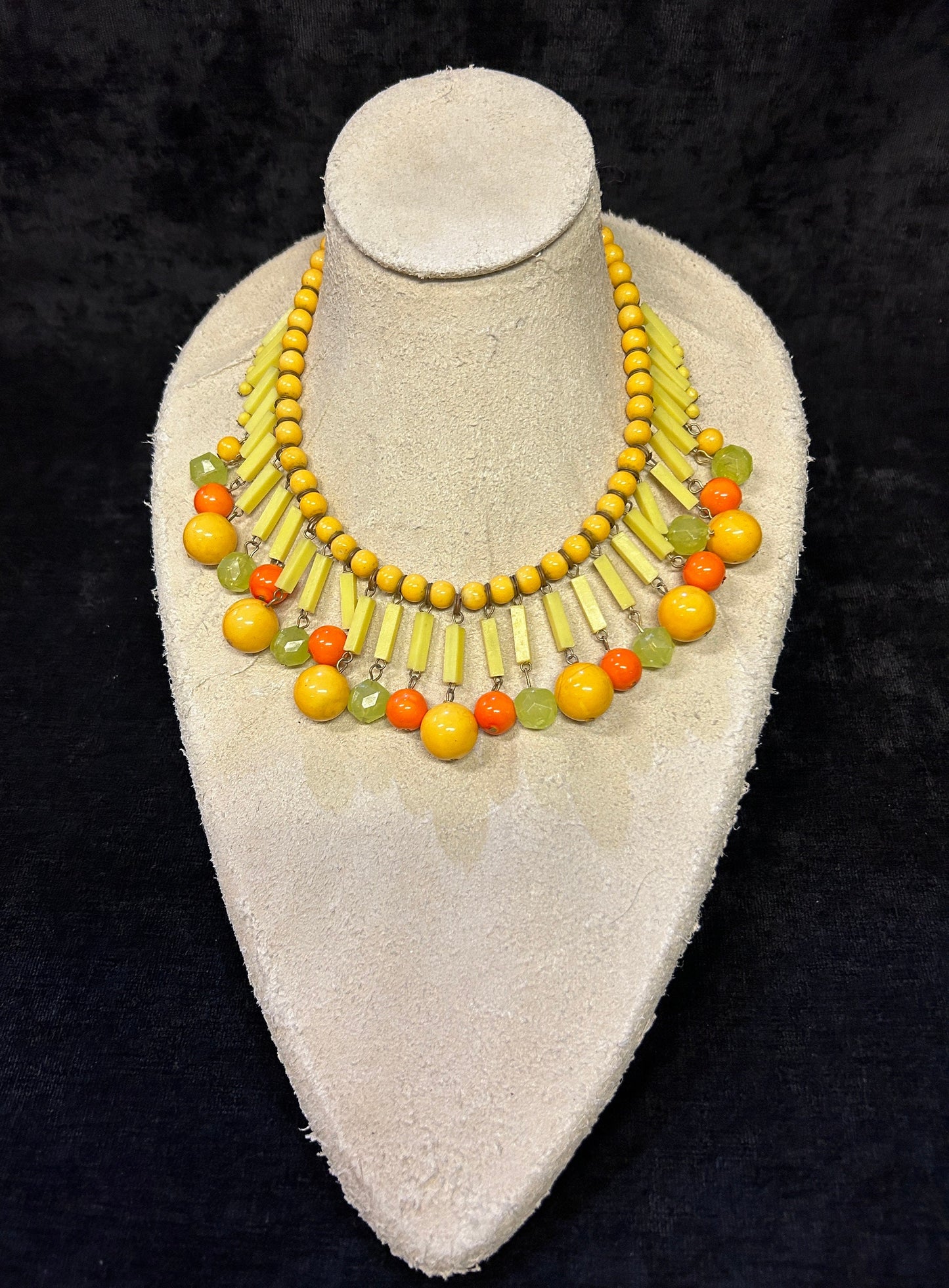 Vintage Boho Beaded Drop Necklace in Tropical Yellows, Orange and Lime