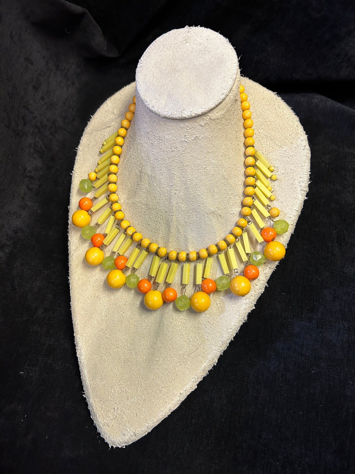 Vintage Boho Beaded Drop Necklace in Tropical Yellows, Orange and Lime