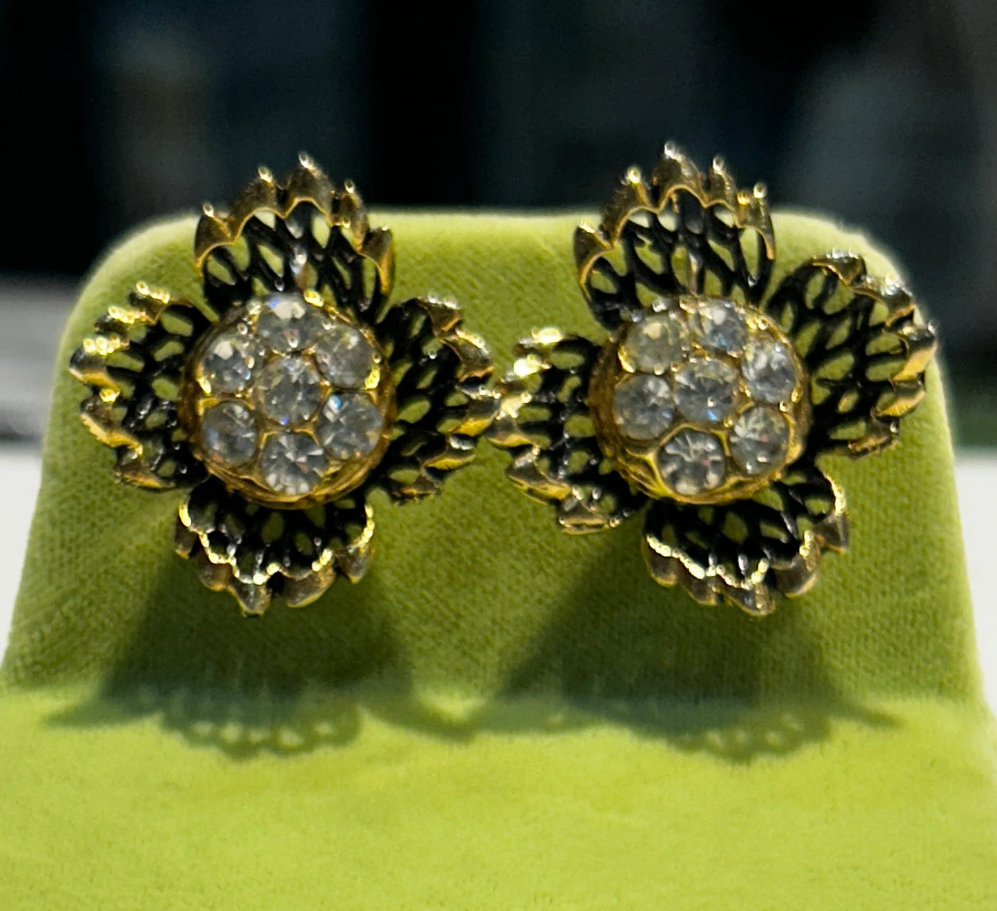 Gold-Tone Cut Out leaves Surrounding Pave' Rhinestones Centers - Fancy Clip Back Earrings - Wedding or Prom Jewelry