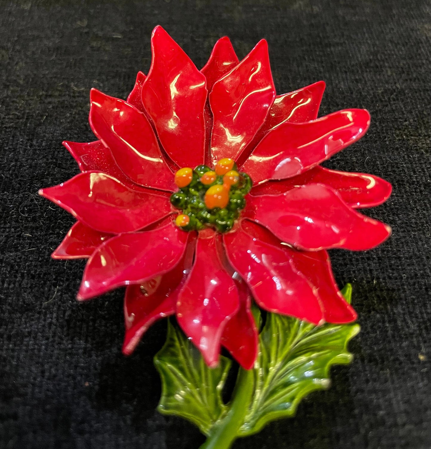 Red Poinsettia Flower Pin - Christmas Poinsettia Brooch - Enameled Poinsettia