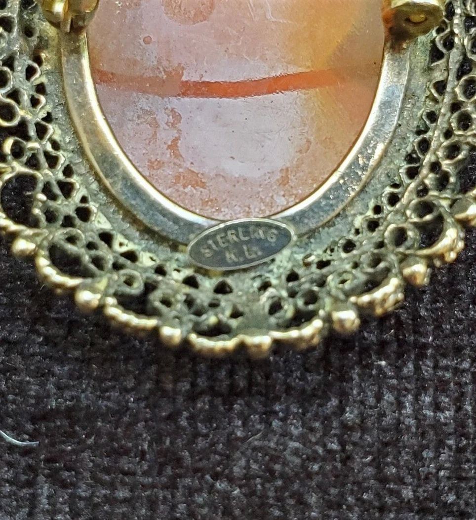 K.L. Filigree Cameo Pin/Brooch or Necklace Pendant - 14K Gold over Sterling With Shell Cameo