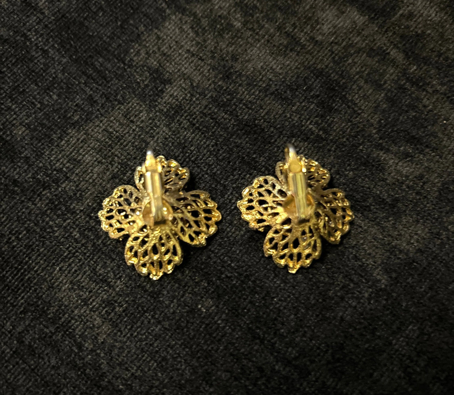 Gold-Tone Cut Out leaves Surrounding Pave' Rhinestones Centers - Fancy Clip Back Earrings - Wedding or Prom Jewelry