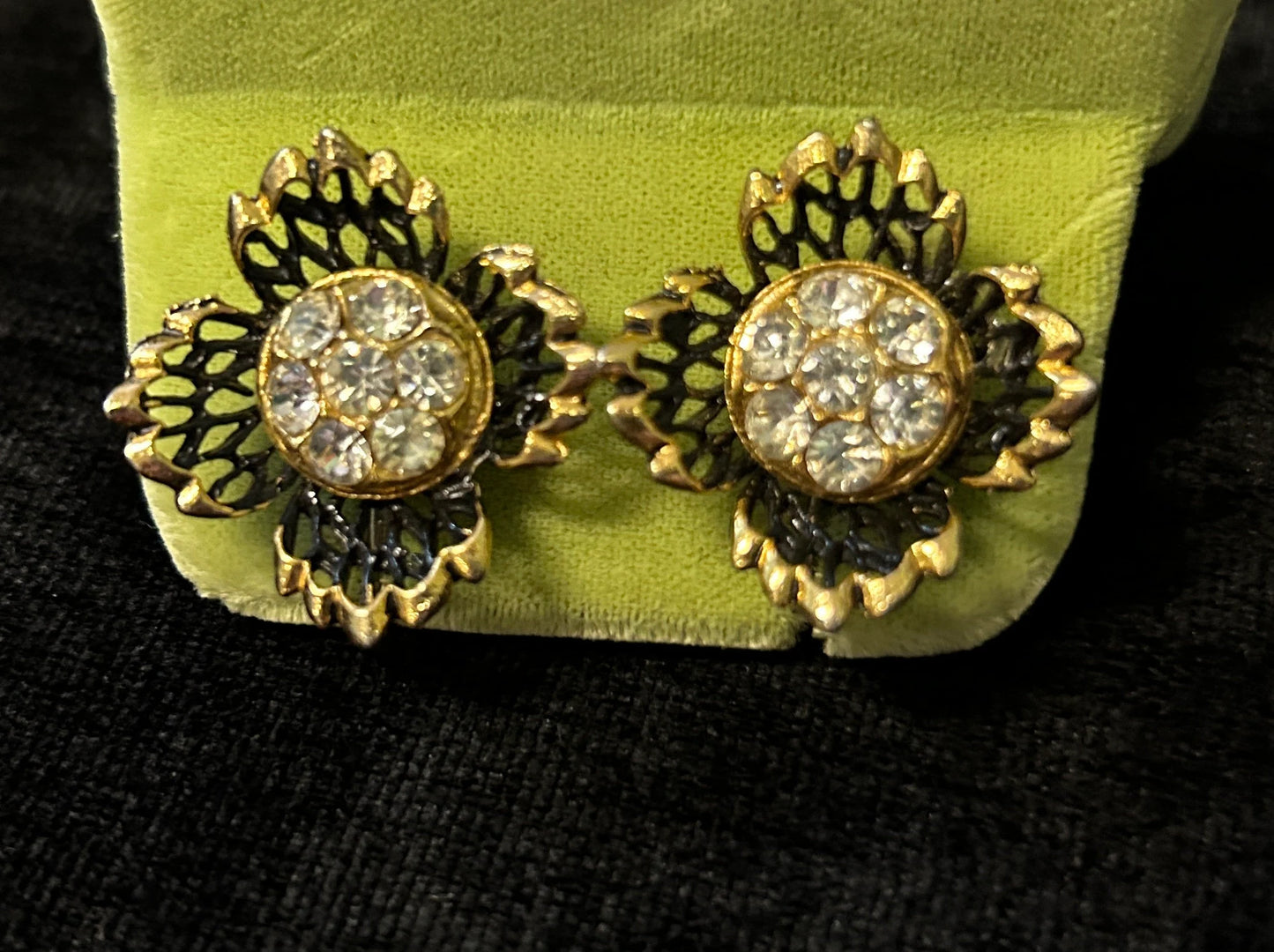 Gold-Tone Cut Out leaves Surrounding Pave' Rhinestones Centers - Fancy Clip Back Earrings - Wedding or Prom Jewelry