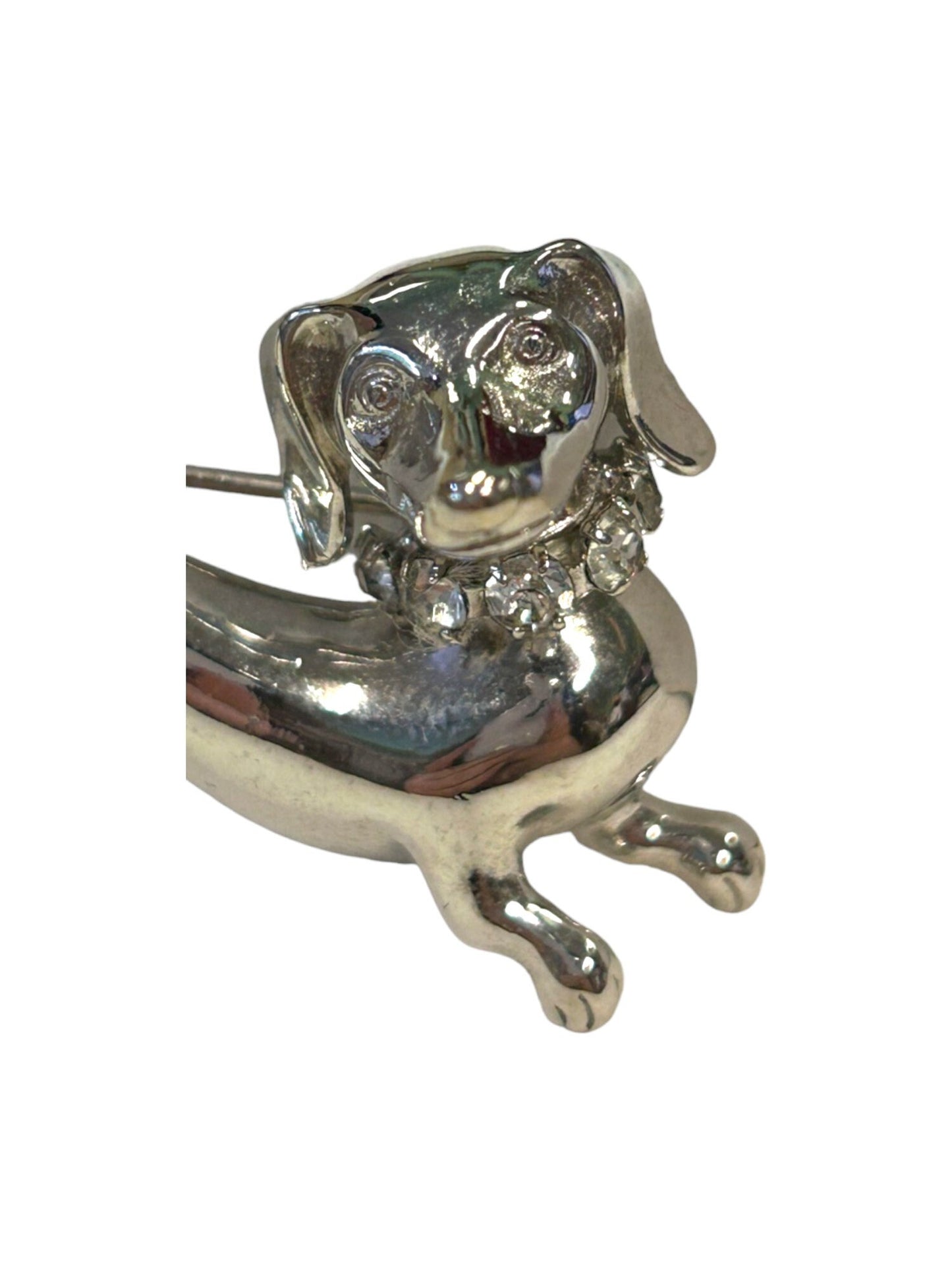 Silver Dachshund Brooch with Austrian Crystal Collar Brooch