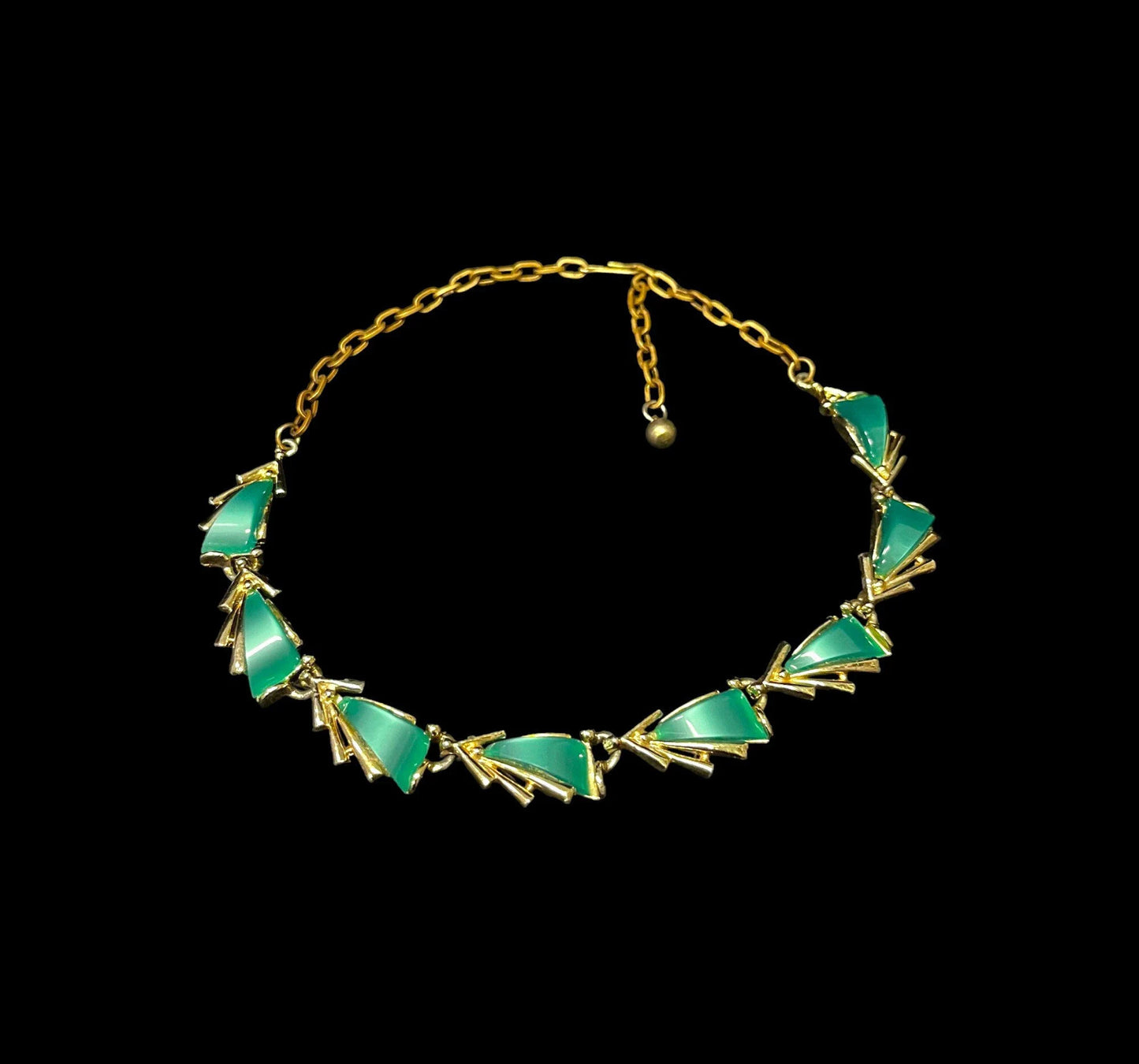 Gold Choker Necklace with Lucite Moonglow Green Sail Carbachol Insets - Marked ART