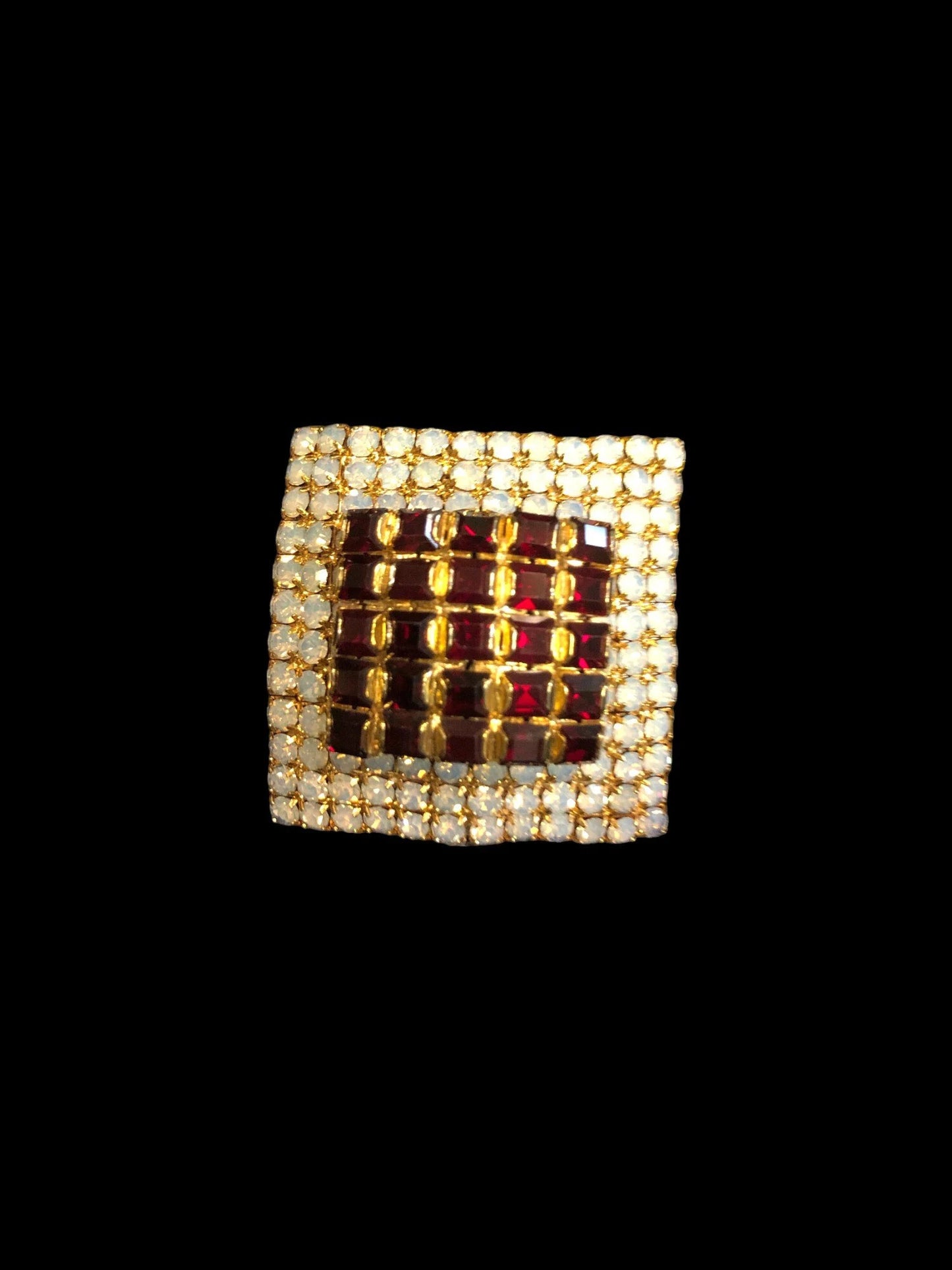 Square Pin Brooch - Red and White Crystal Pin Set in Gold tone - Large Geometric Statement Brooch - Brooch For Men or Women