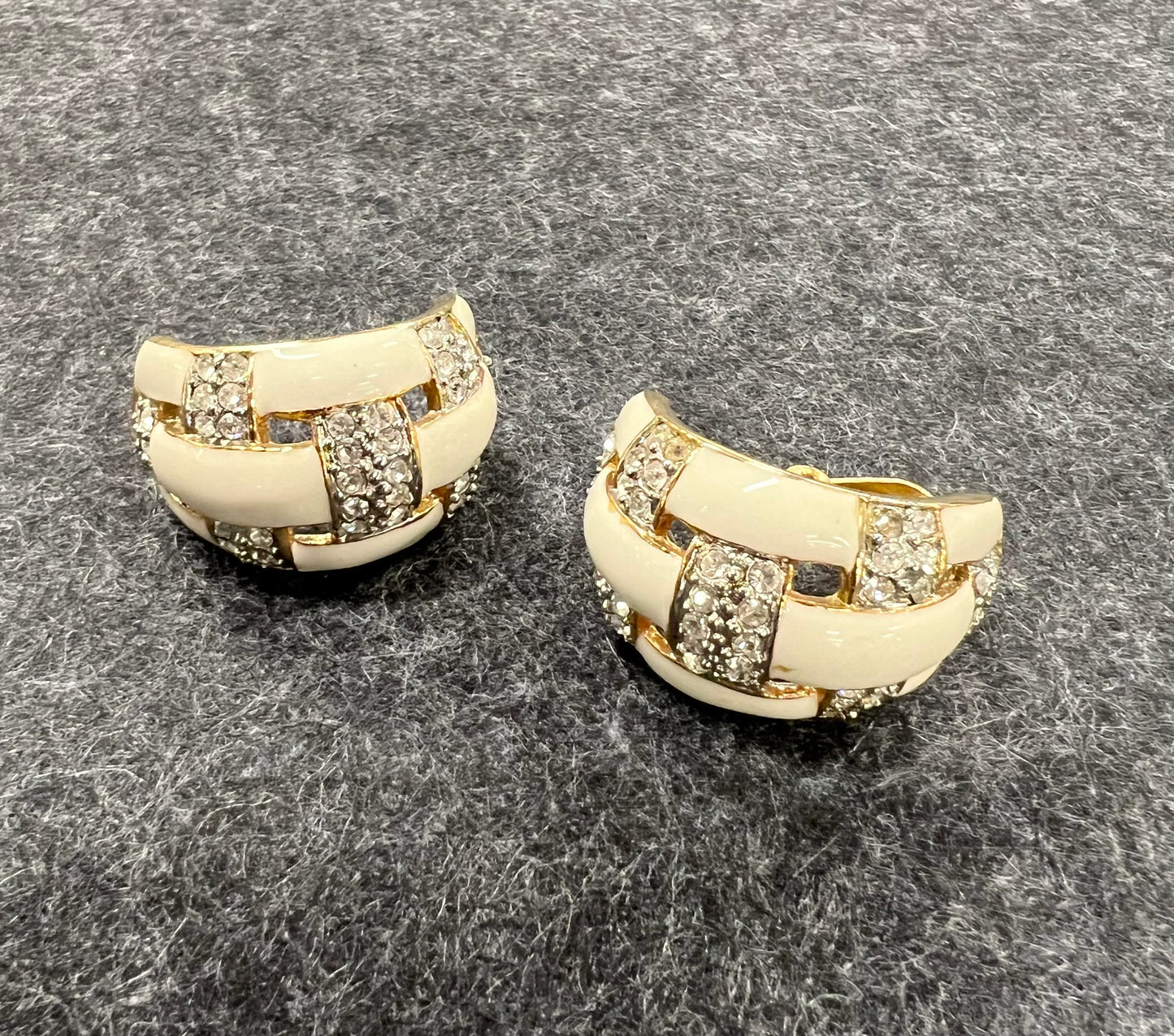 Woven C-Hoop Earrings - Crystal and Ivory Enamel - Gold Toned Metal - Vintage Clip Ons