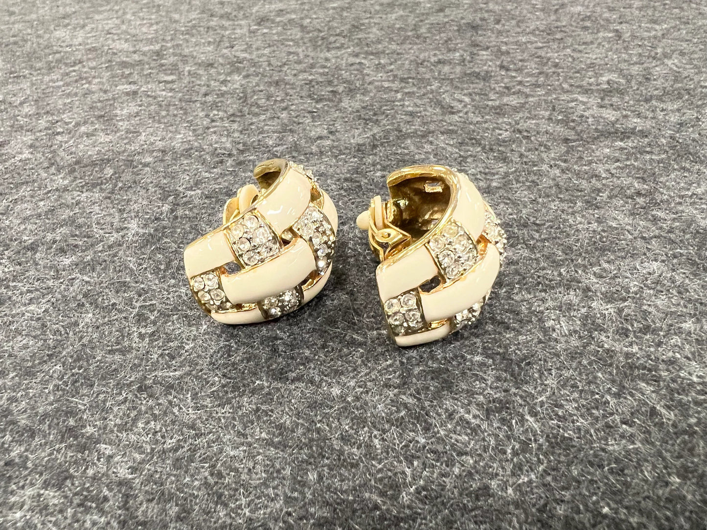 Woven C-Hoop Earrings - Crystal and Ivory Enamel - Gold Toned Metal - Vintage Clip Ons