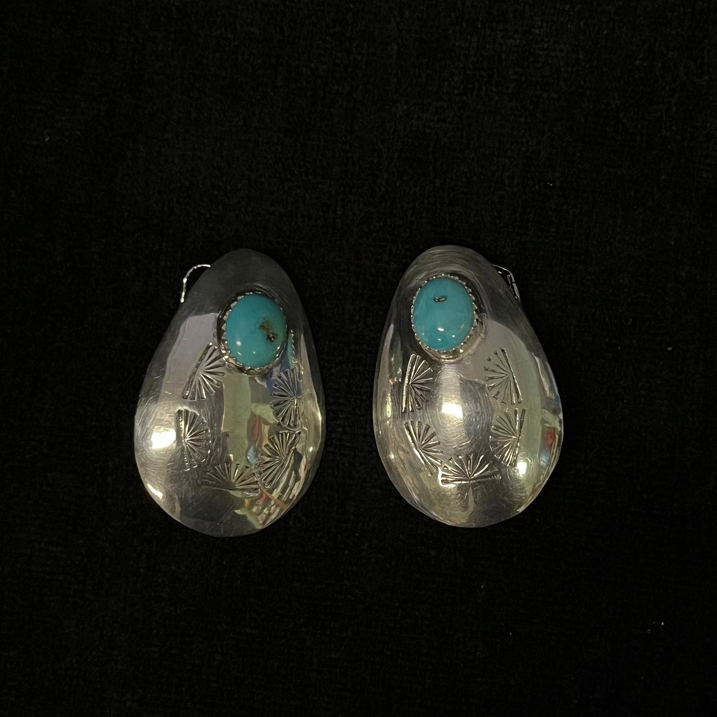Large Silver Clip-on Earrings with Narural Turquoise Settings - Vintage .925 Silver Trade Jewelry - Southwest Silver and Tourquoise