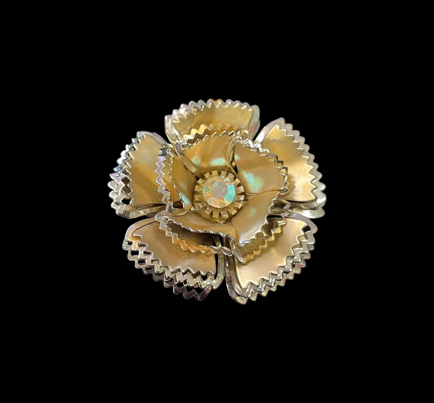 Scalloped Layered Metal Flower Petals with Aurora Borealis Crystal Center - Large Flower Brooch with Aurora Borealis Crystal Rhinestone