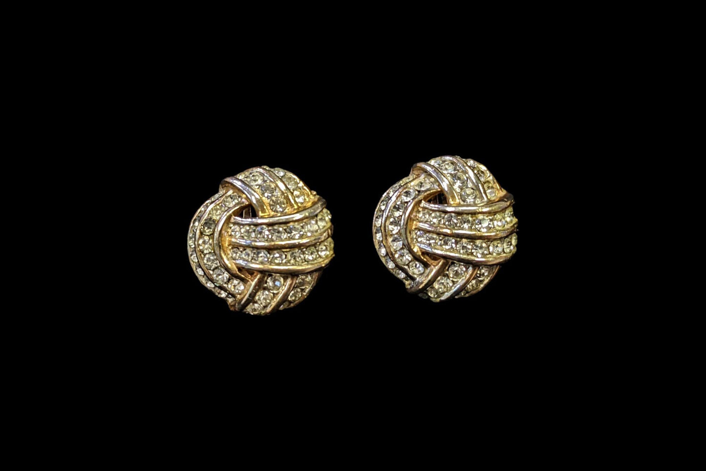 Wedding Ready! Dazzling Gold Circle Tied Knot Clip on Earrings With Crystals - Vintage