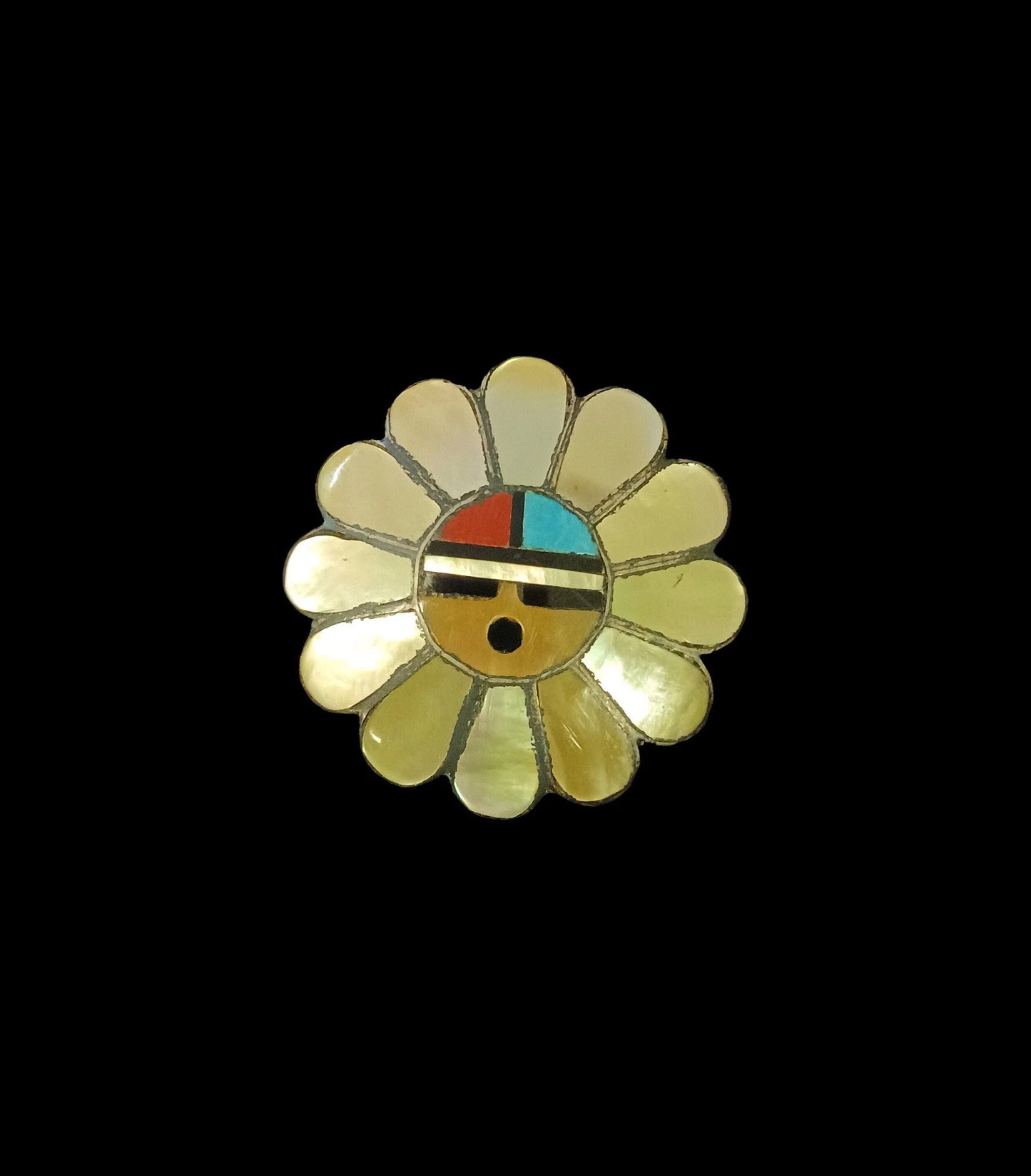 Zuni Sun Face Pin - Zuni Sun Face Pendant - Dual Use Zuni Pin/Pendant - Shell, Tourquoise, Coral and Onyx Channel set on 9.25 Silver Base