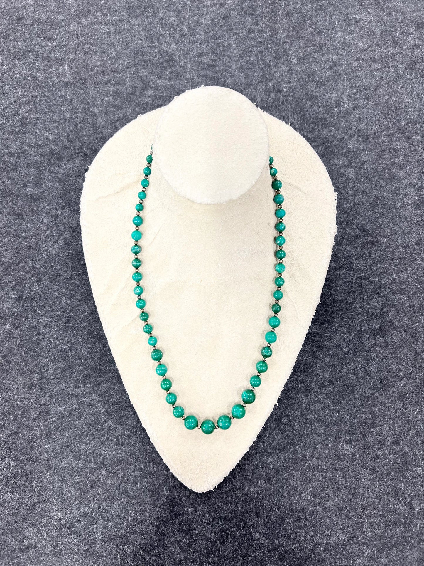 Kelly Green Agate Necklace - For all Seasons - Mid Century Boho Style - 25" Long Graduating Green Agates - With Sterling Ball Separators