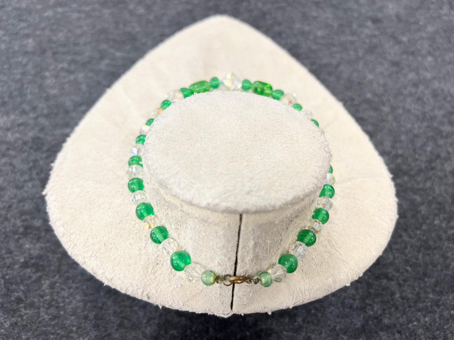 Green Glass Beads and Austrian Crystal Choker Necklace and Matching Earrings - Stunning Italian Green Glass and Chrystal Parure