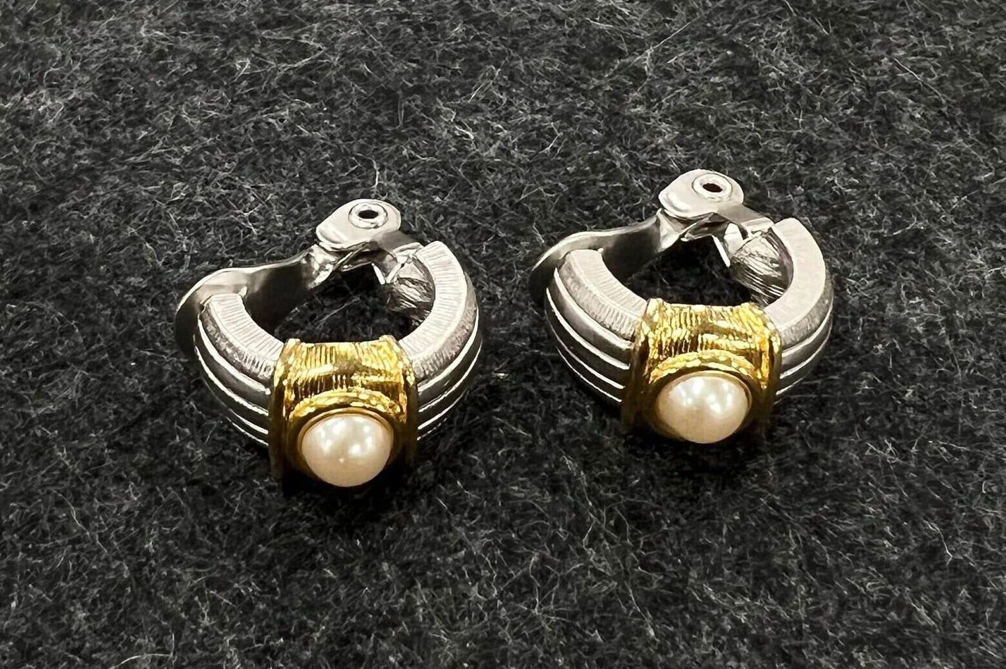 Monet Multi Tone Gold on Silver Topped with a Pearl Clip On Earrings- Traditional Earrings for the Professional Woman
