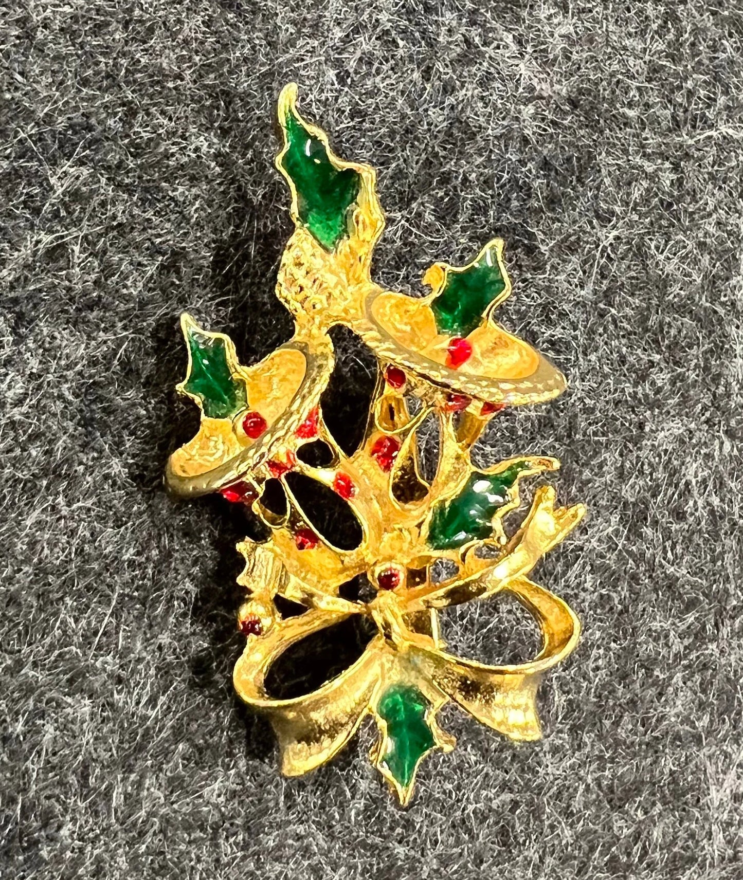 Enameled Holiday Brooch with Holly and Bells - Small Christmas Pin - Bells Hanging from Bow with Red and Green Enamel