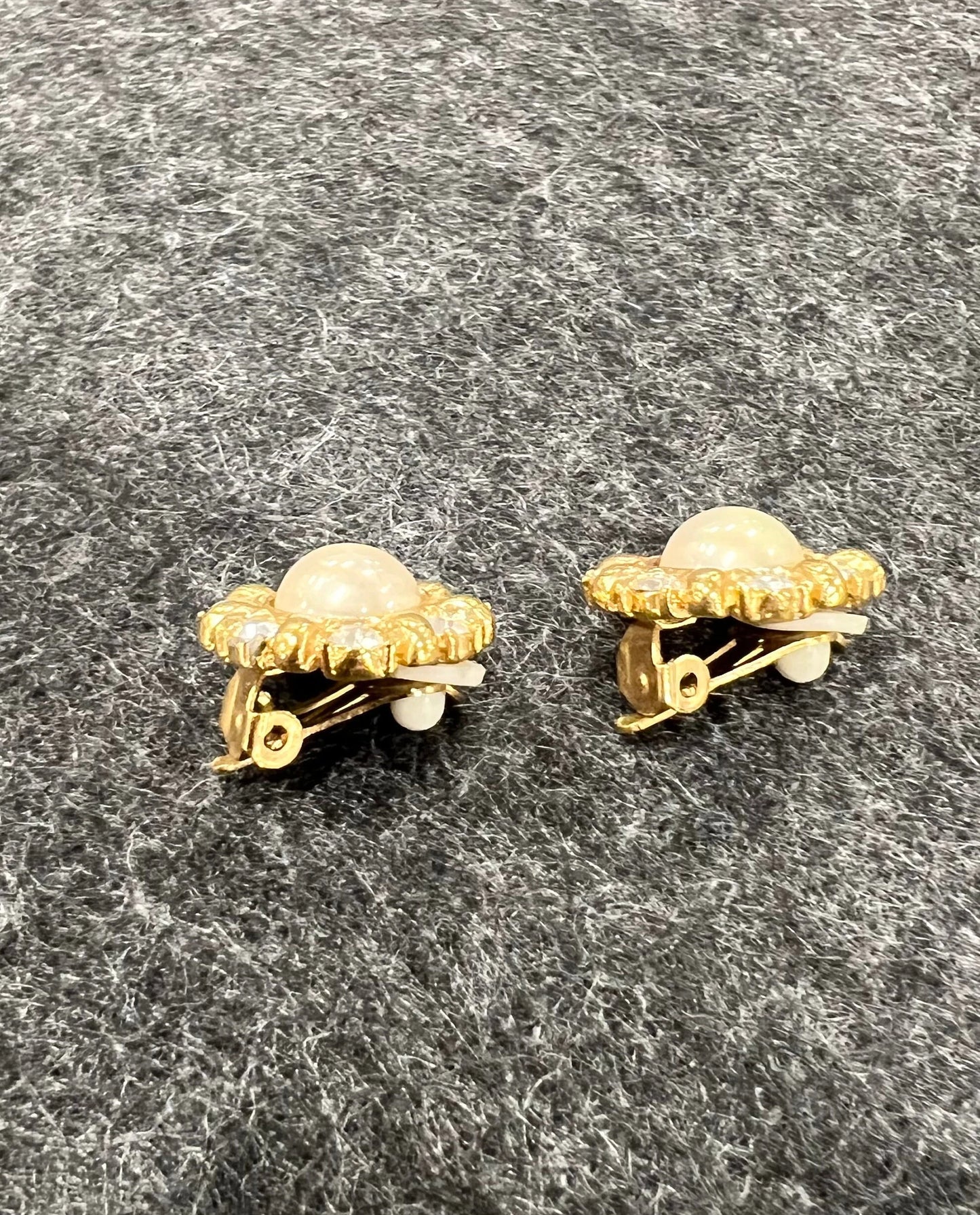 Aressa - Genuine Crystal Clip On Earrings - Vintage Pearl on Gold tone circled in Crystal Rhinestones
