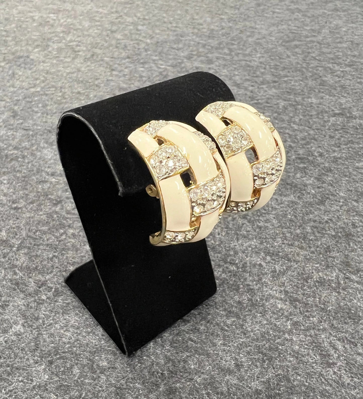 Woven C-Hoop Earrings - Crystal and Ivory Enamel - Gold Toned Metal - Vintage Clip Ons