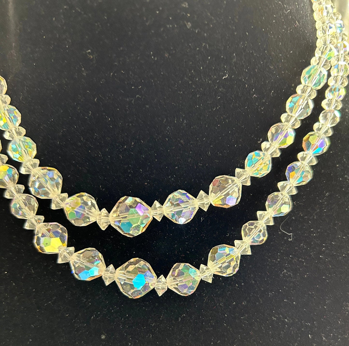 Double Strand Austrian Aurora Borealis Crystal Necklace with Crystal decorated Chain Clasp - Wedding Jewelry - Prom Perfect Jewelry