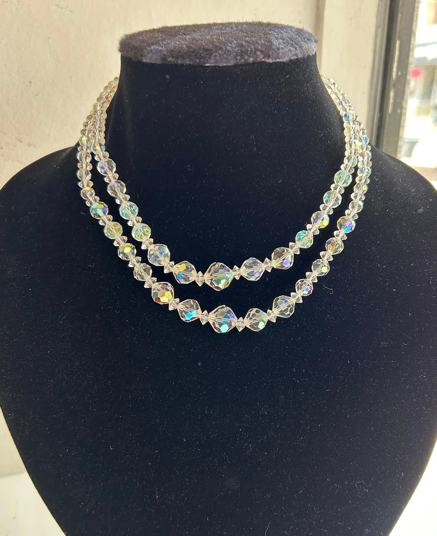 Double Strand Austrian Aurora Borealis Crystal Necklace with Crystal decorated Chain Clasp - Wedding Jewelry - Prom Perfect Jewelry