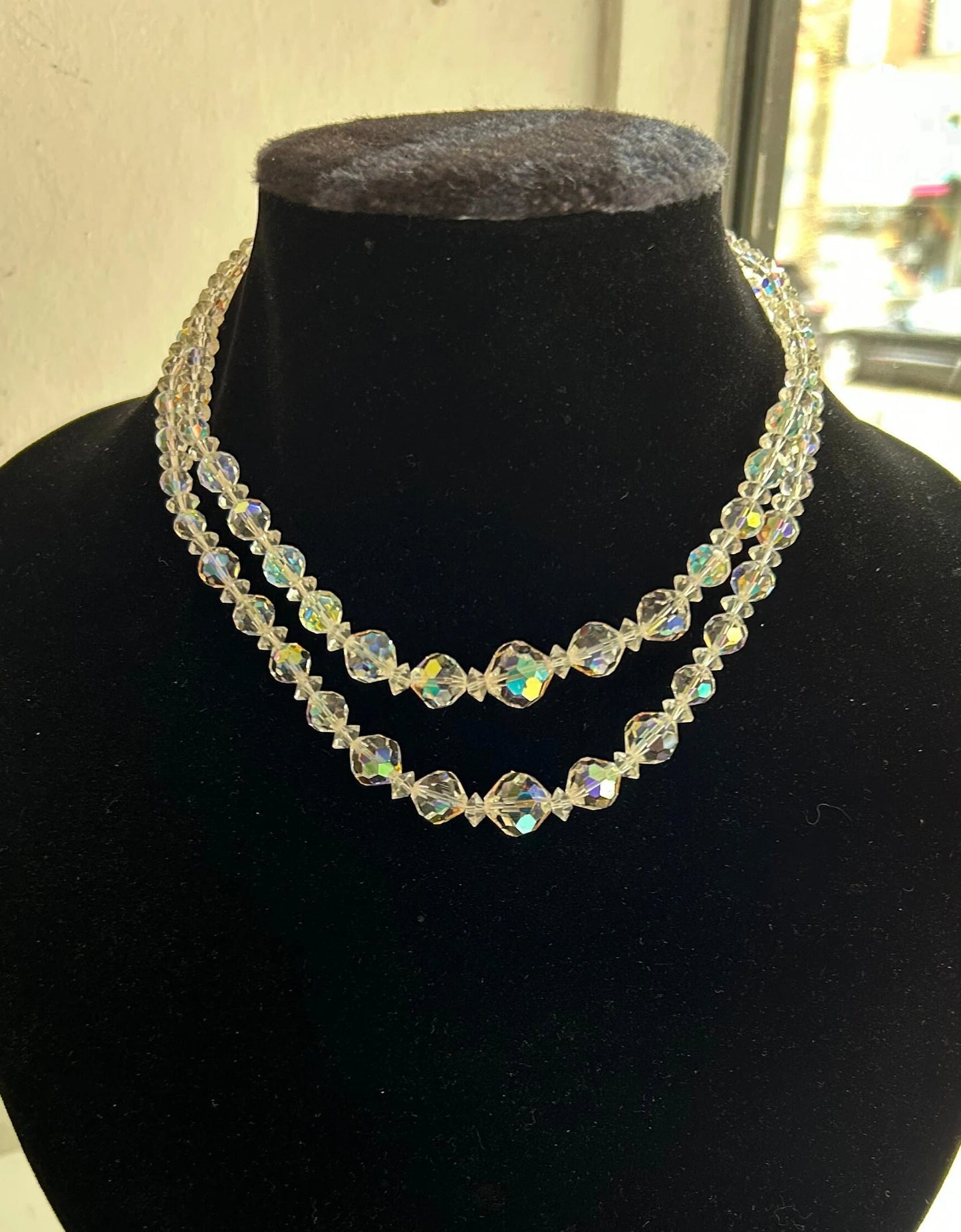 Double Strand Austrian Aurora Borealis Crystal Necklace with Crystal decorated Chain Clasp - Wedding Jewelry - Prom Perfect Jewelry