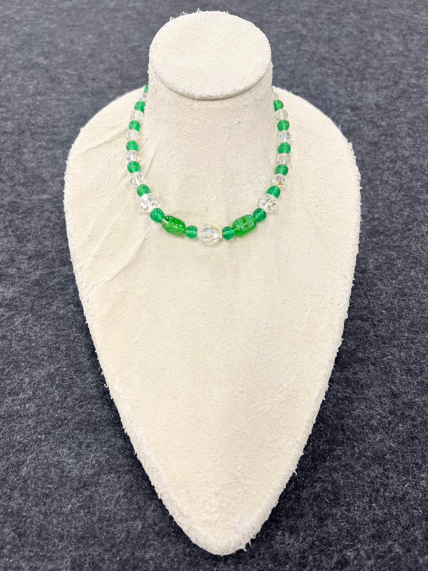 Green Glass Beads and Austrian Crystal Choker Necklace and Matching Earrings - Stunning Italian Green Glass and Chrystal Parure