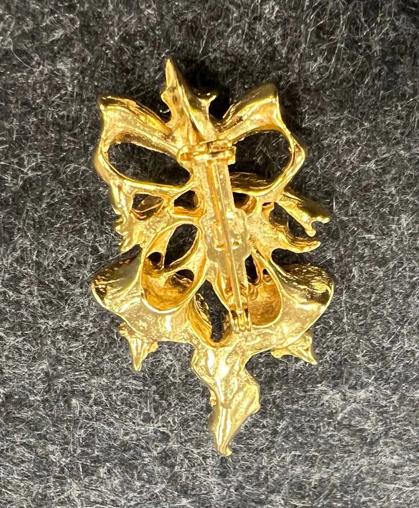 Enameled Holiday Brooch with Holly and Bells - Small Christmas Pin - Bells Hanging from Bow with Red and Green Enamel