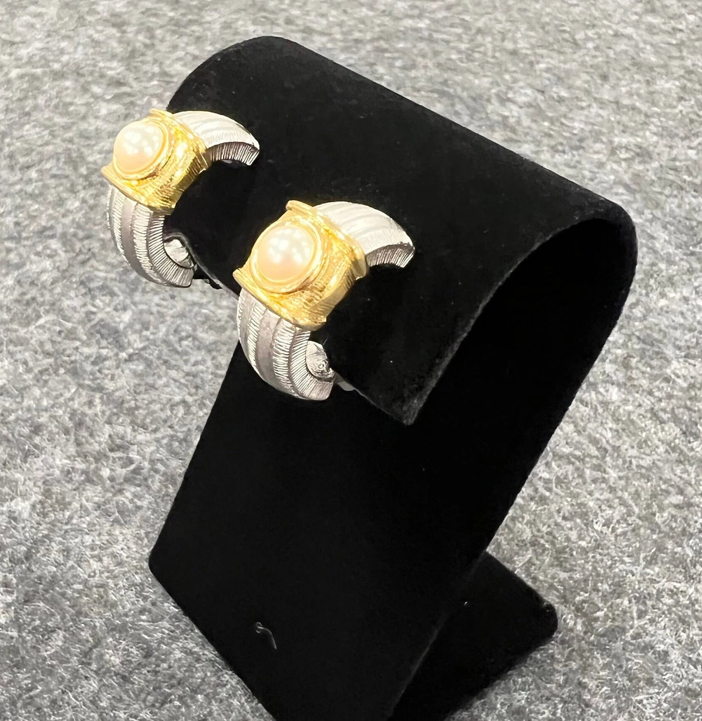 Monet Multi Tone Gold on Silver Topped with a Pearl Clip On Earrings- Traditional Earrings for the Professional Woman
