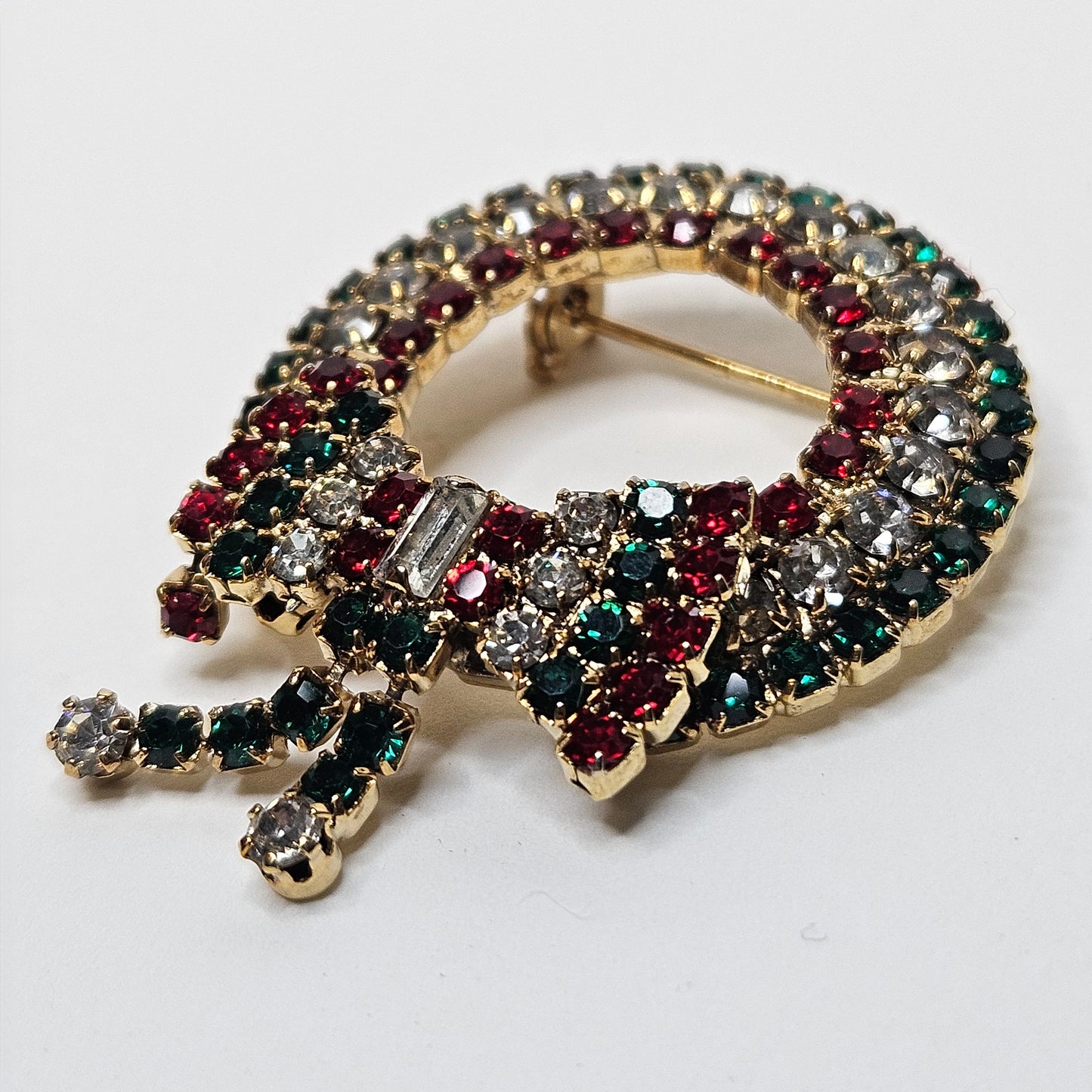 Christmas Wreath Pin - Red, Clear, and Green Crystal Wreath Brooch - Wreath with Bow Holiday Pin - Vintage Rhinestone Holiday Wreath Brooch